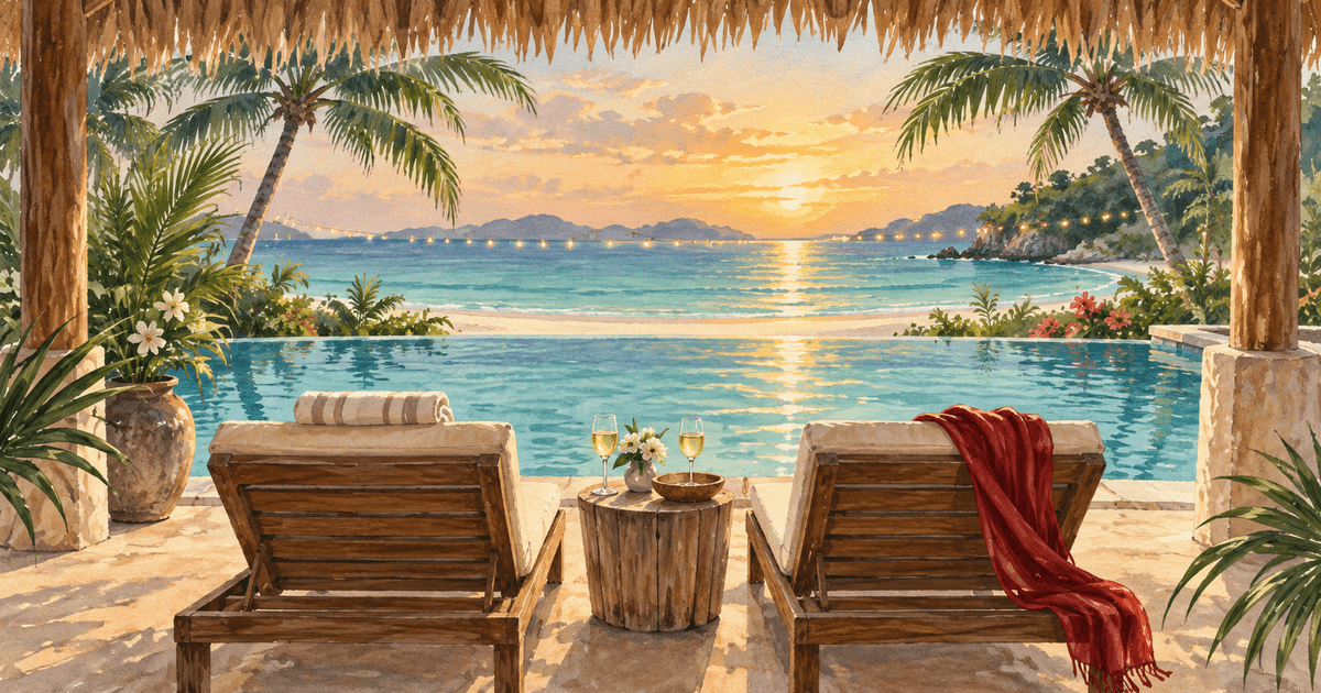 Watercolour of two loungers by a calm pool at sunset, palms and turquoise sea behind, a red scarf on one chair
