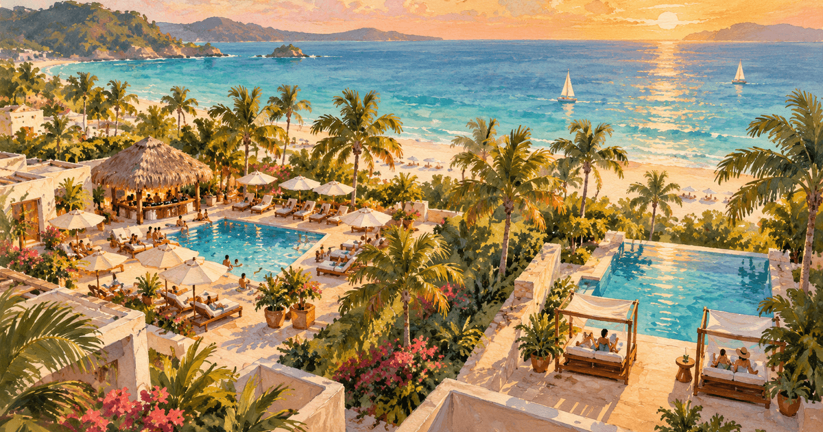 Illustration of a resort with a busy party pool on one side and a calm, quiet pool on the other, divided by palms