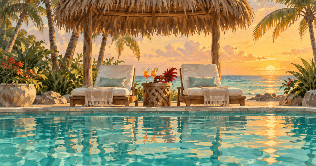 Watercolour of two loungers by a turquoise pool at sunset, with two glasses and a red masquerade mask